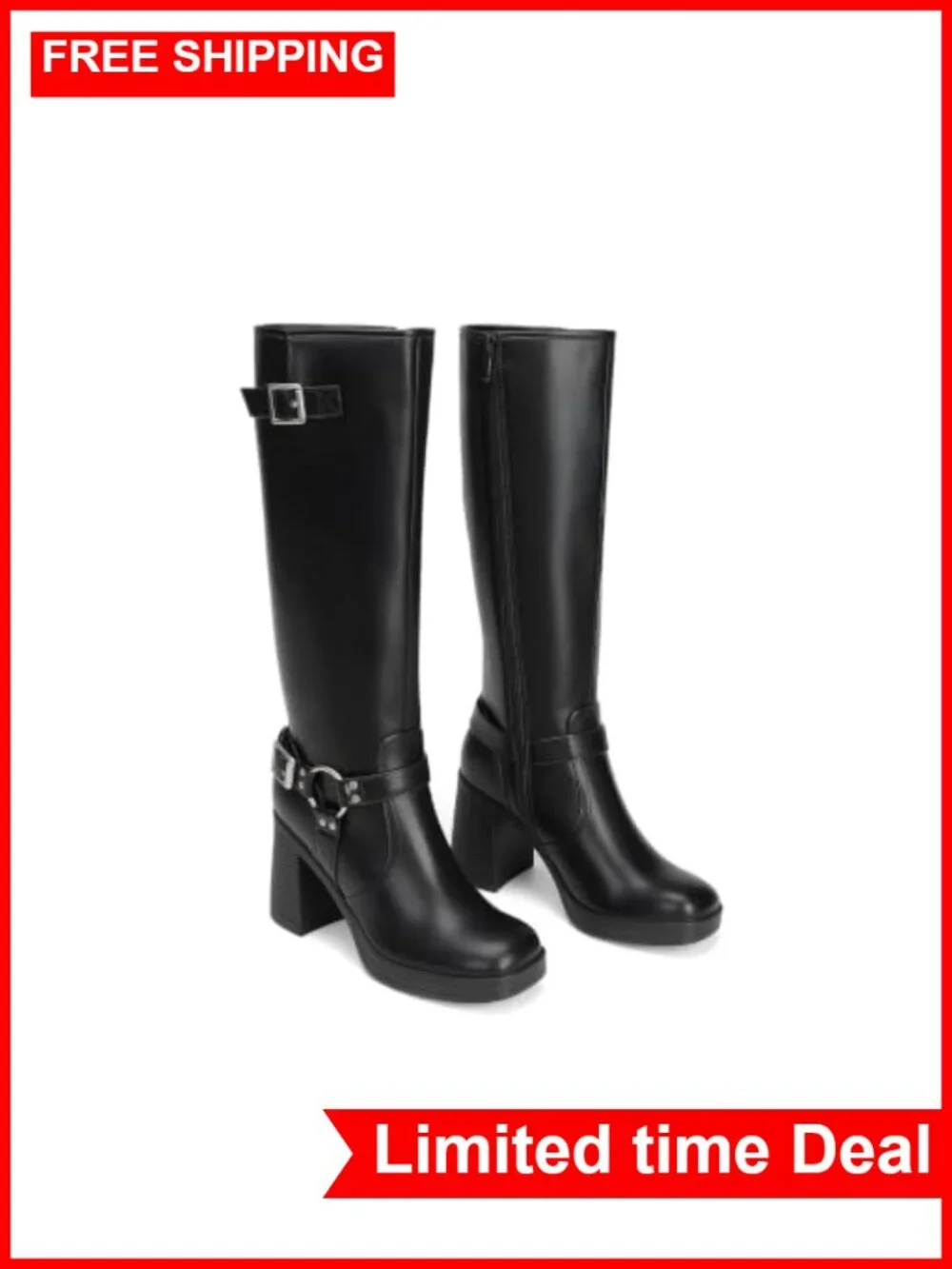 Women's Platform Chunky Knee High Boots Faux Leather Moto